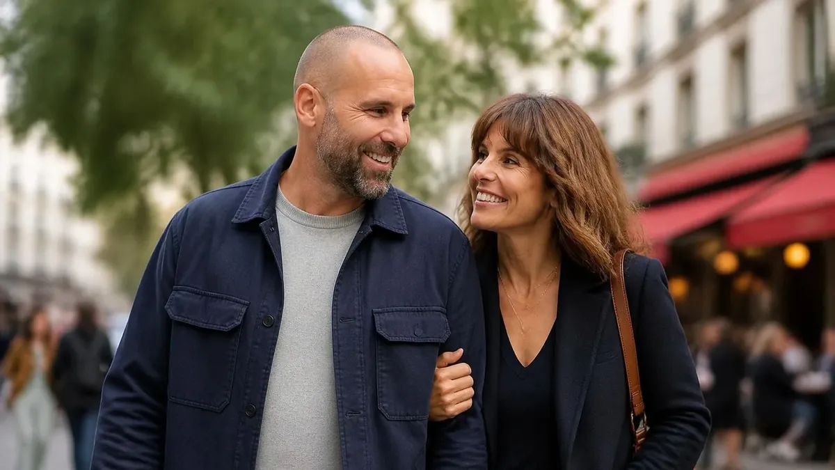 Faustine Bollaert nouveau compagnon se promènent en ville avec le sourire en se tenant par le bras