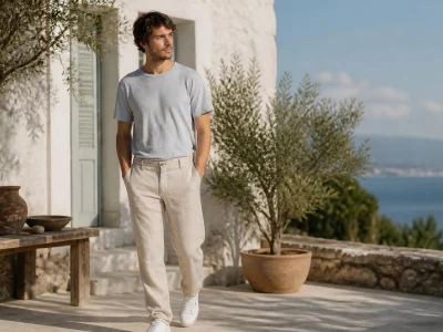 Homme portant un pantalon en lin pour homme beige avec un t-shirt clair sur une terrasse ensoleillée près de la mer