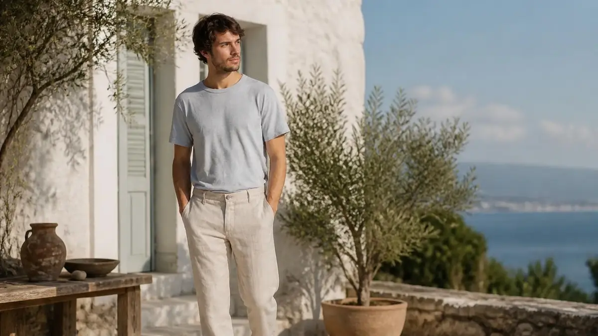 Homme portant un pantalon en lin pour homme beige avec un t-shirt clair sur une terrasse ensoleillée près de la mer