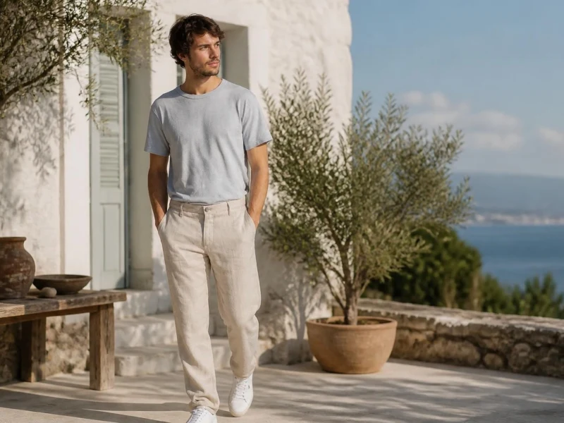Homme portant un pantalon en lin pour homme beige avec un t-shirt clair sur une terrasse ensoleillée près de la mer