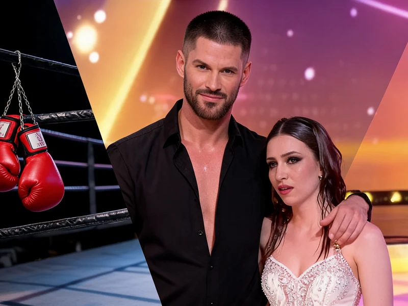 Jordan Mouillerac pose aux côtés d'une partenaire de danse avec des gants de boxe en arrière-plan