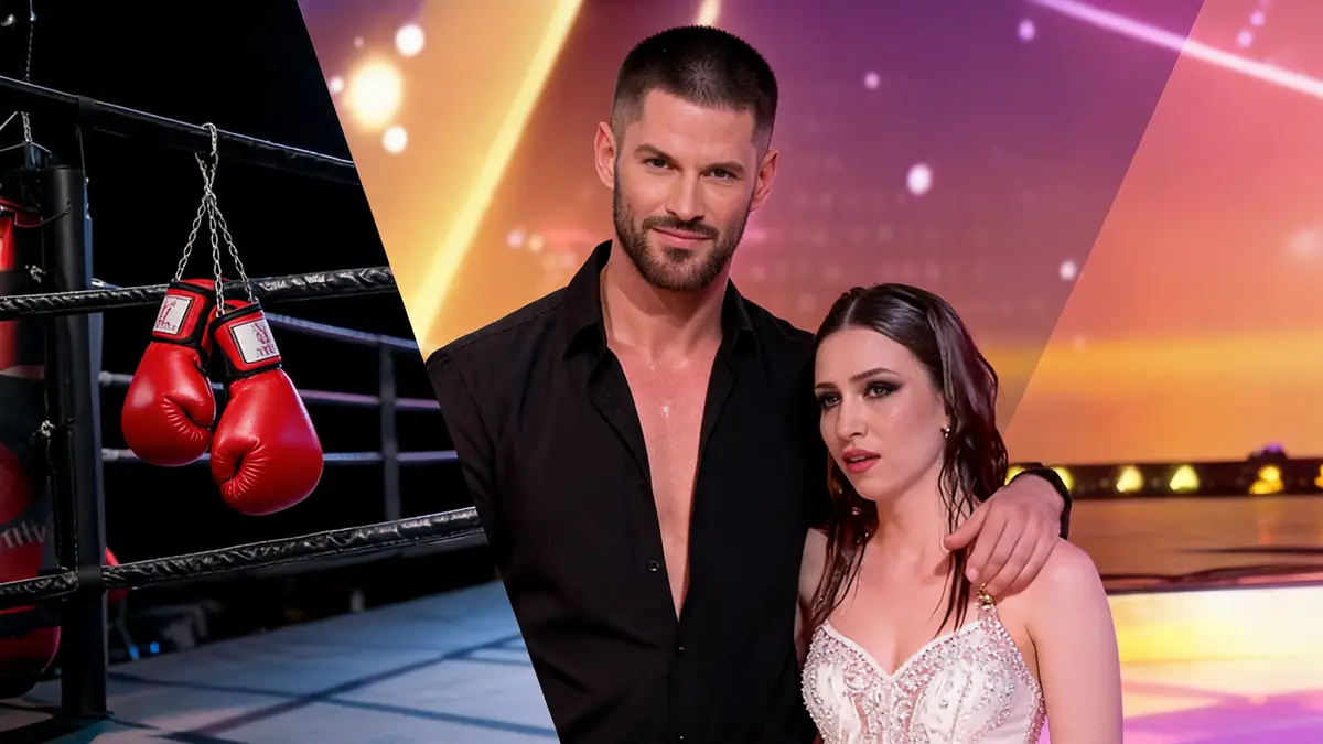 Jordan Mouillerac pose aux côtés d'une partenaire de danse avec des gants de boxe en arrière-plan