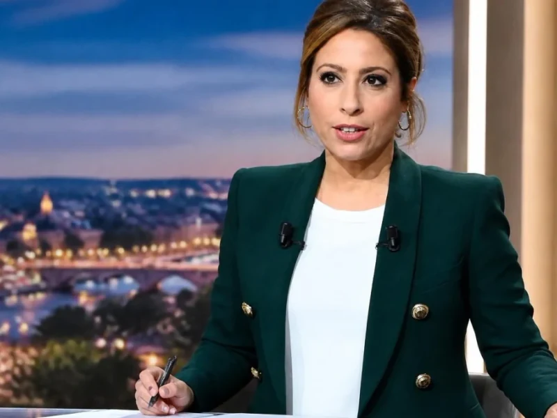 La journaliste Léa Salamé 20h présente le journal télévisé sur un plateau avec une vue sur Paris en arrière-plan
