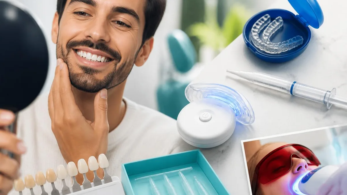 Un homme souriant devant un miroir pour illustrer cet article sur le blanchiment dentaire prix et ses différentes méthodes