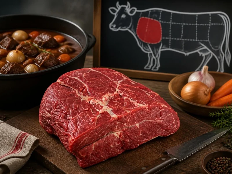 Morceau de paleron de bœuf cru sur une planche à découper pour illustrer le prix paleron de boeuf en boucherie