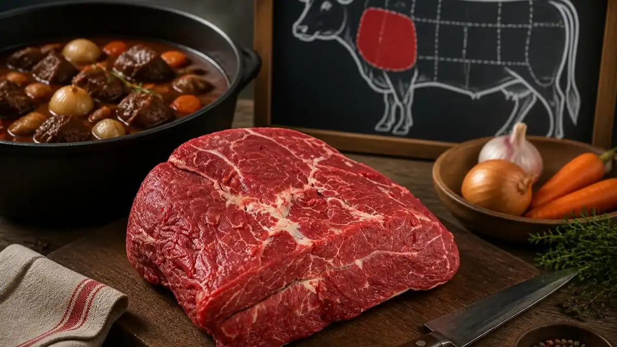 Morceau de paleron de bœuf cru sur une planche à découper pour illustrer le prix paleron de boeuf en boucherie