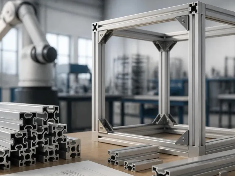 Structure cubique et pièces détachées en profilé en aluminium dans un atelier industriel avec un bras robotisé