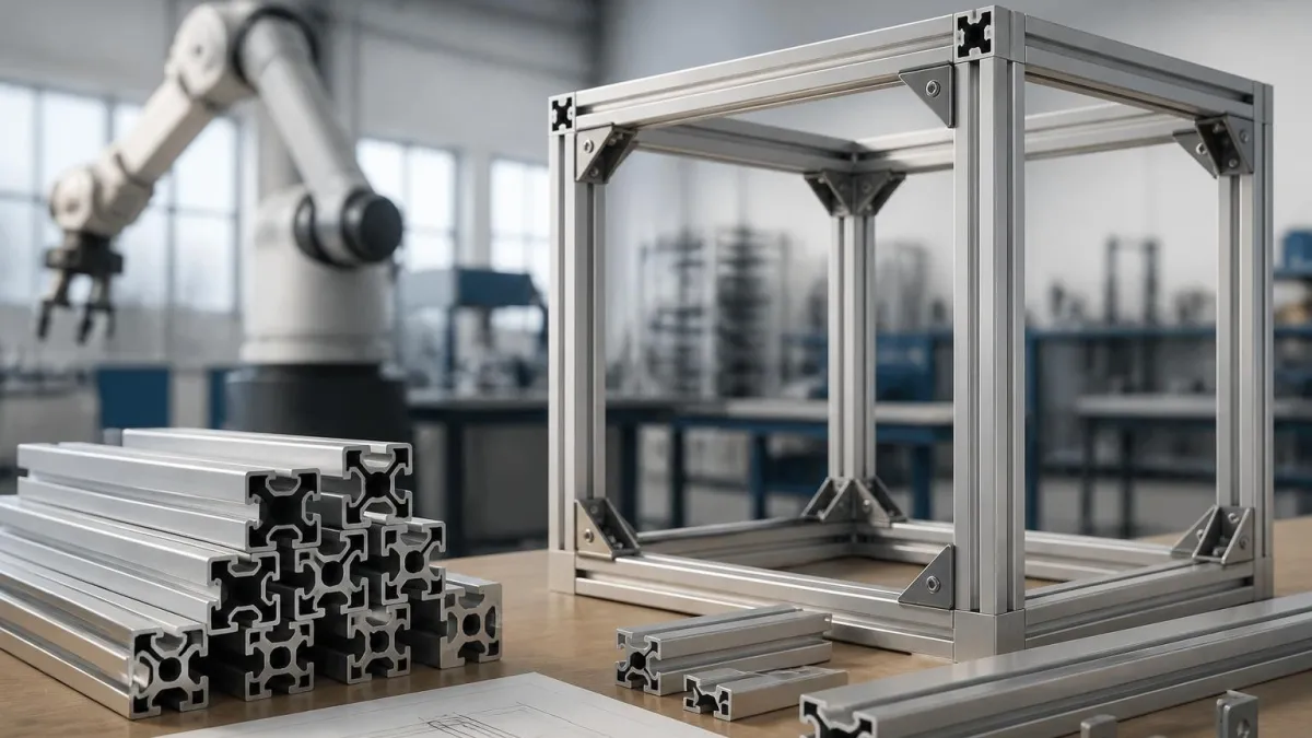 Structure cubique et pièces détachées en profilé en aluminium dans un atelier industriel avec un bras robotisé
