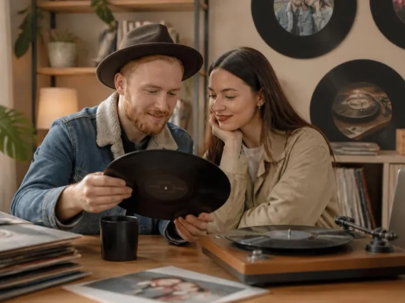 Un couple regarde avec enthousiasme un disque personnalisé vinyle dans un salon chaleureux