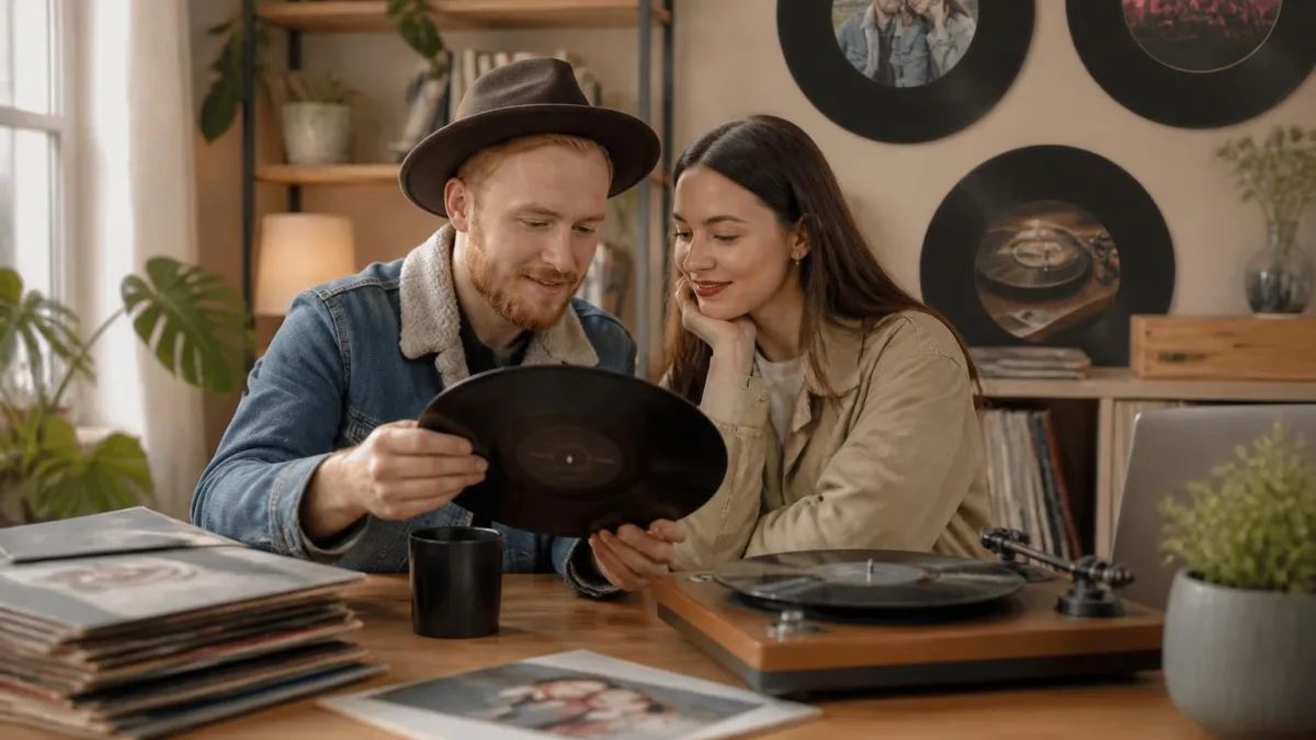 Un couple regarde avec enthousiasme un disque personnalisé vinyle dans un salon chaleureux