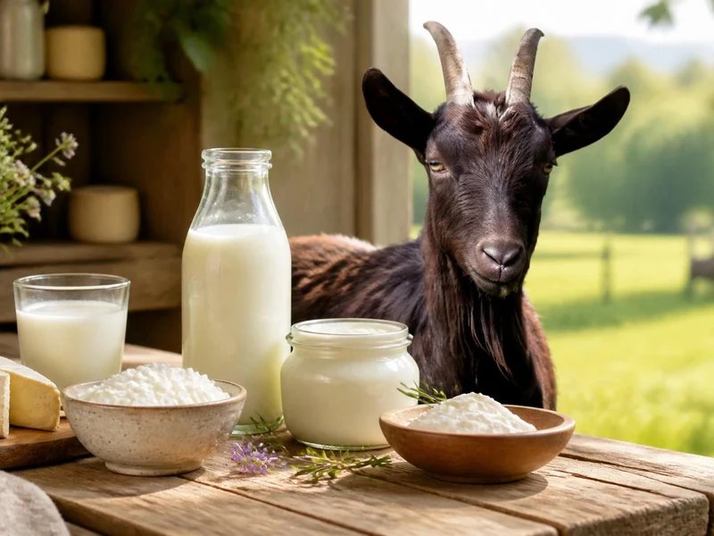 Une chèvre noire regarde des produits laitiers et une bouteille de lait de chèvres posés sur une table en bois