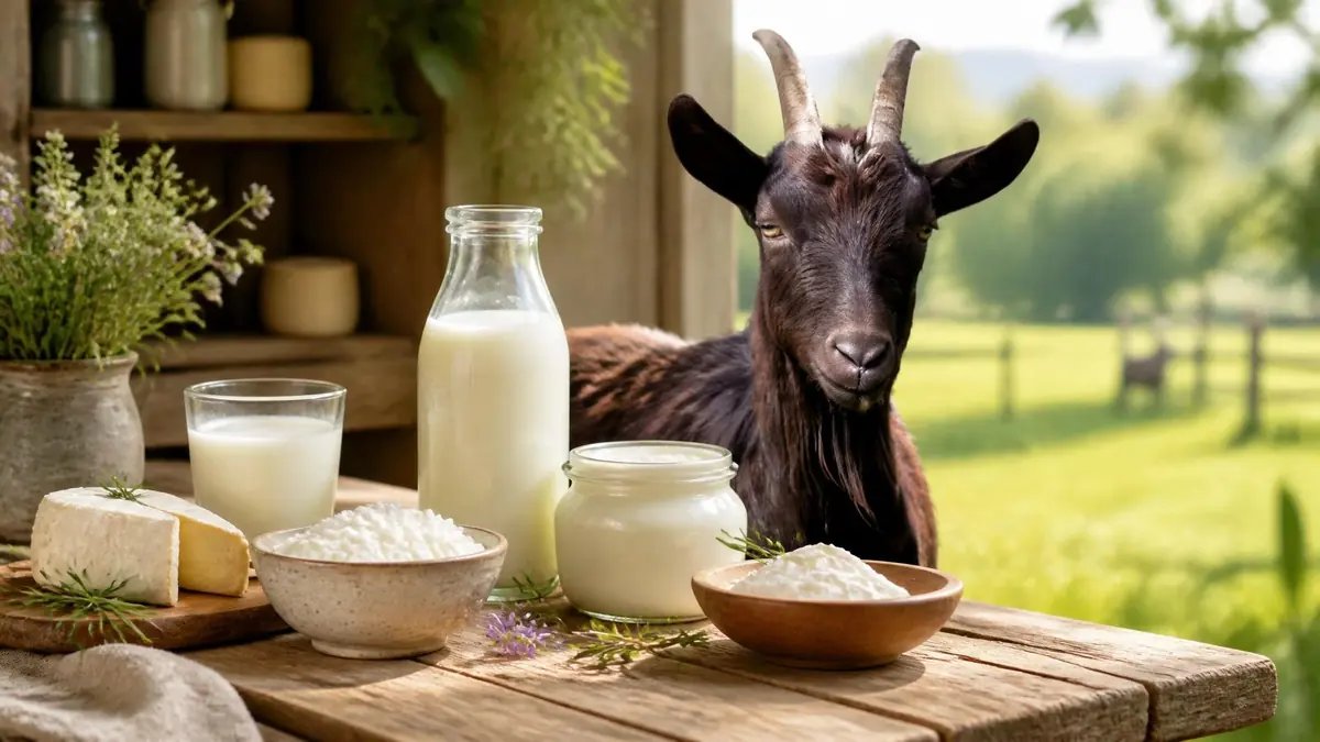 Une chèvre noire regarde des produits laitiers et une bouteille de lait de chèvres posés sur une table en bois
