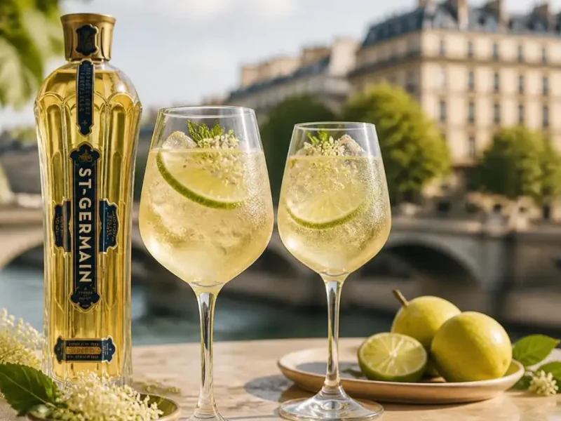 Deux verres de Saint-Germain spritz glacé avec du citron vert devant un paysage parisien ensoleillé
