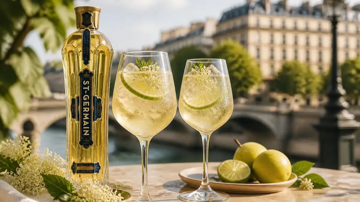Deux verres de Saint-Germain spritz glacé avec du citron vert devant un paysage parisien ensoleillé