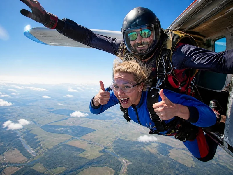 Une femme souriante fait un pouce levé lors d'un saut en tandem au-dessus d'un paysage dégagé