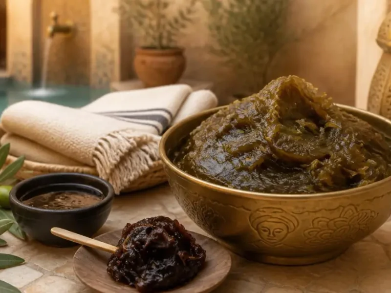Un bol en métal rempli de savon noir Maroc traditionnel posé à côté d'olives et d'une serviette dans un spa oriental