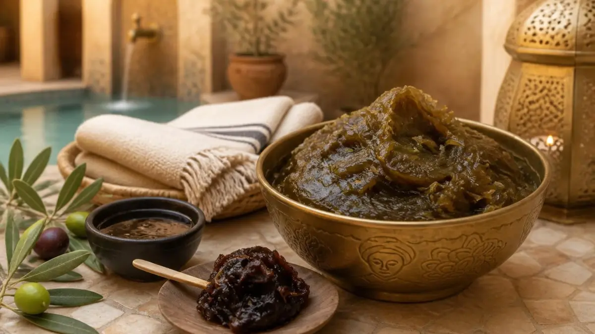 Un bol en métal rempli de savon noir Maroc traditionnel posé à côté d'olives et d'une serviette dans un spa oriental