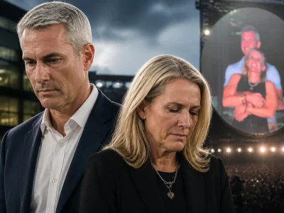 Un homme et une femme à l'air grave posant devant un écran géant affichant Andy Byron avec une autre personne