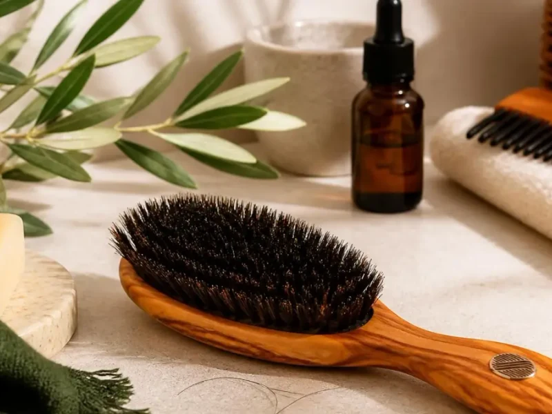 Une brosse en poil de sanglier posée sur une table à côté d'un flacon d'huile et d'un savon naturel