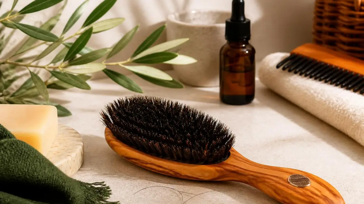 Une brosse en poil de sanglier posée sur une table à côté d'un flacon d'huile et d'un savon naturel