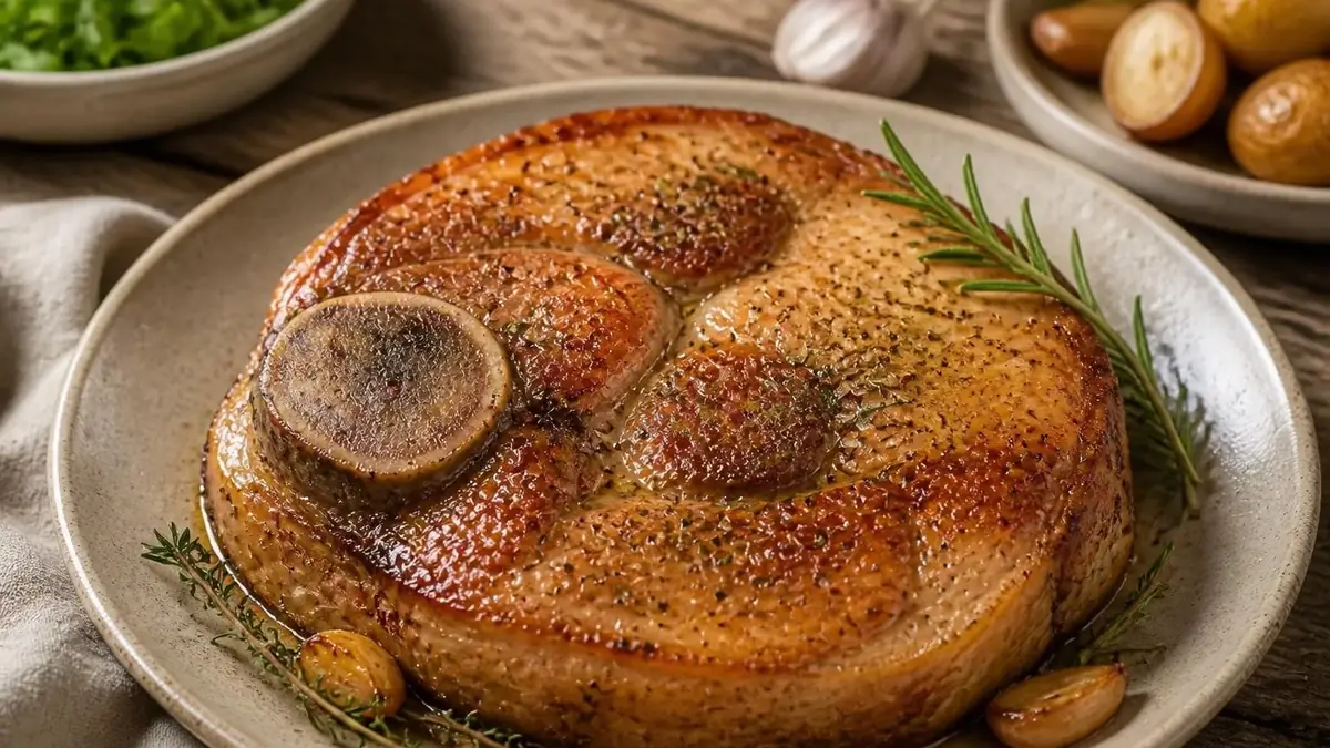 Une savoureuse rouelle de porc au four dorée et assaisonnée sur une assiette avec des herbes aromatiques