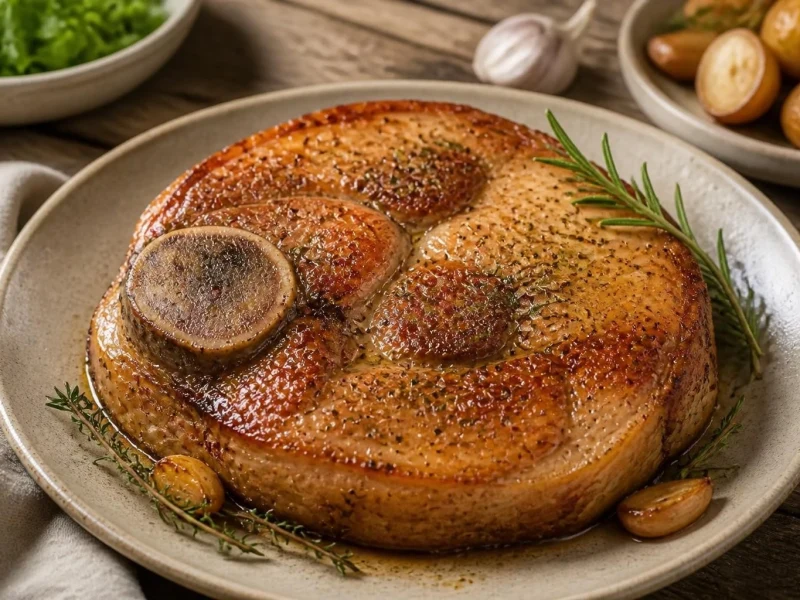 Une savoureuse rouelle de porc au four dorée et assaisonnée sur une assiette avec des herbes aromatiques