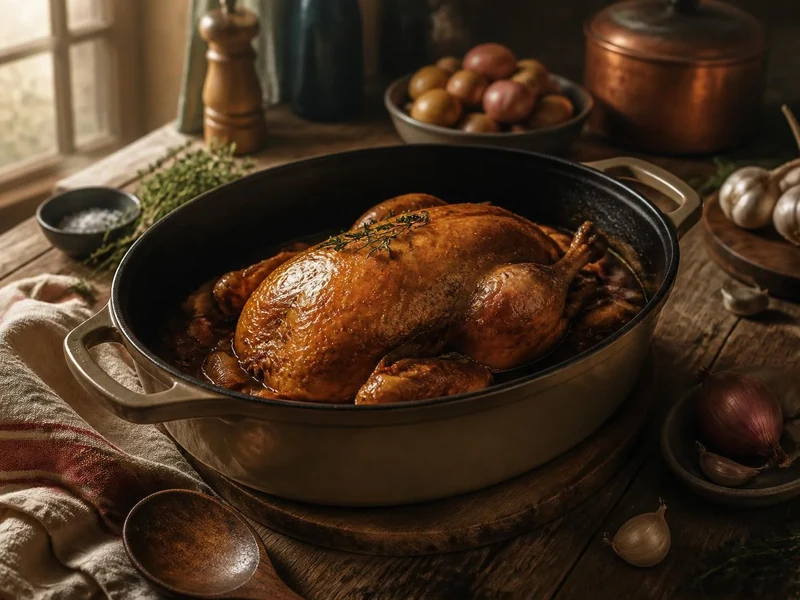 Une cocotte en fonte contenant une canette recette de grand-mère rôtie avec des herbes sur une table rustique