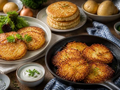 Plusieurs assiettes garnies de galette de pommes de terre croustillante accompagnées de crudités et de sauce