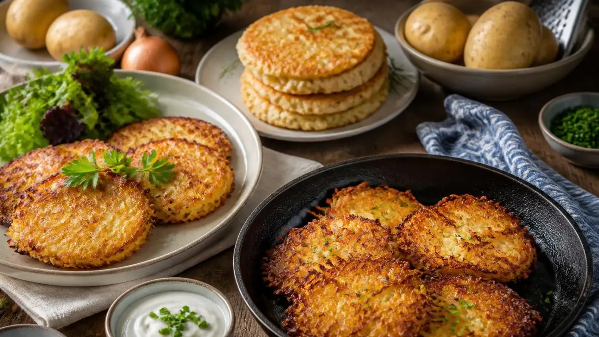 Plusieurs assiettes garnies de galette de pommes de terre croustillante accompagnées de crudités et de sauce