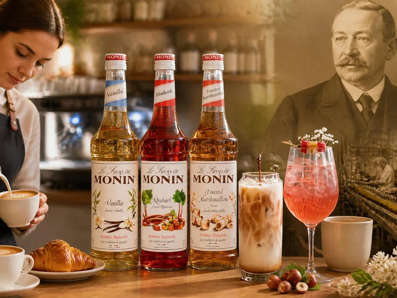 Une barista prépare des boissons gourmandes à côté de bouteilles de sirop Monin et d'un portrait historique