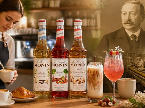 Une barista prépare des boissons gourmandes à côté de bouteilles de sirop Monin et d'un portrait historique