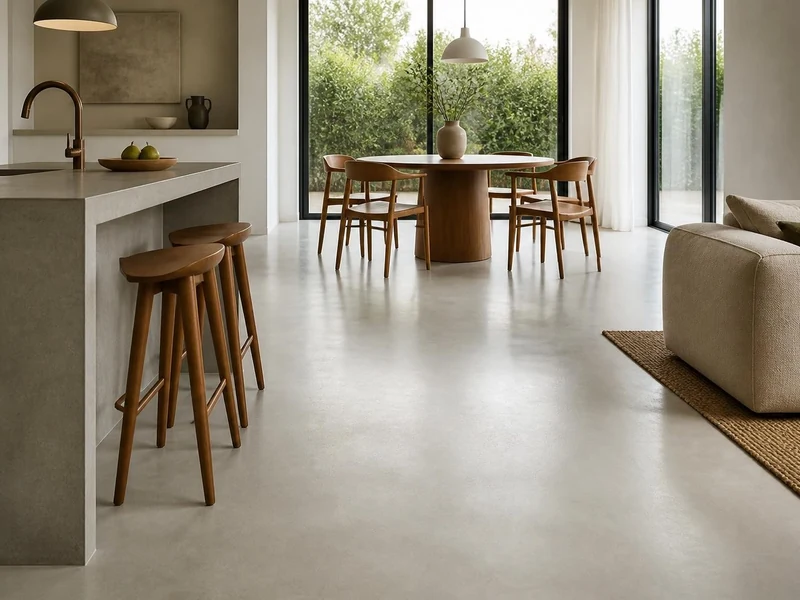Une cuisine moderne et lumineuse dotée d'un sol en béton ciré qui s'ouvre sur une salle à manger élégante