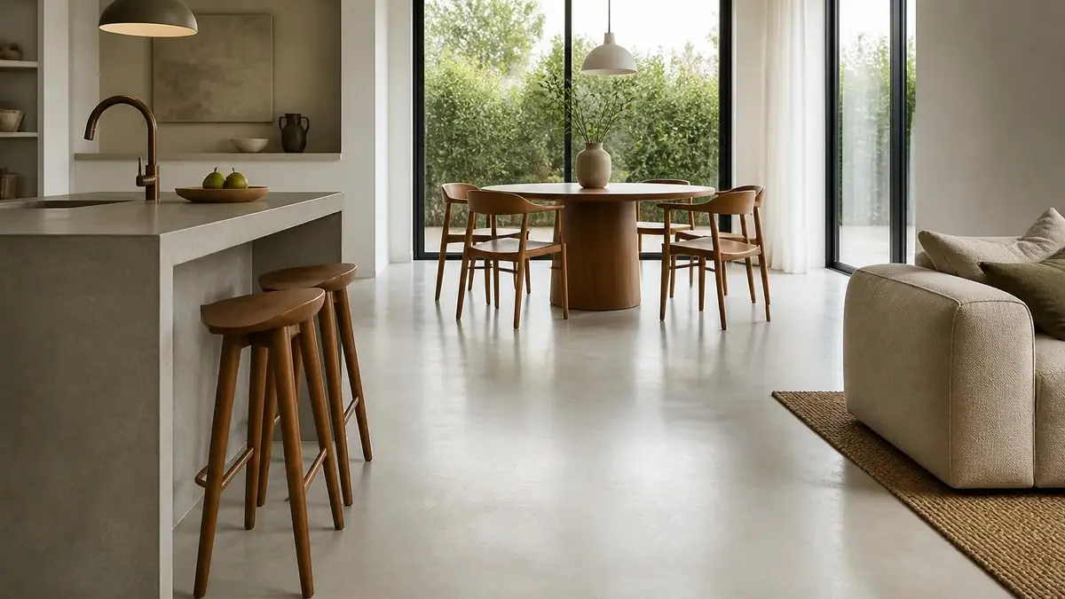 Une cuisine moderne et lumineuse dotée d'un sol en béton ciré qui s'ouvre sur une salle à manger élégante
