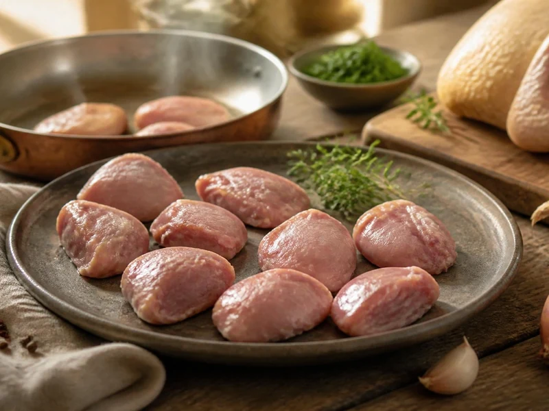Des morceaux crus de sot-l'y-laisse disposés sur une assiette avec des échalotes et des herbes aromatiques