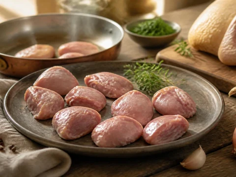 Des morceaux crus de sot-l'y-laisse disposés sur une assiette avec des échalotes et des herbes aromatiques
