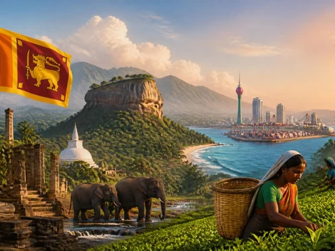 Paysage composite illustrant la culture et la nature luxuriante de la région Asia Sri Lanka avec des éléphants et une récolte
