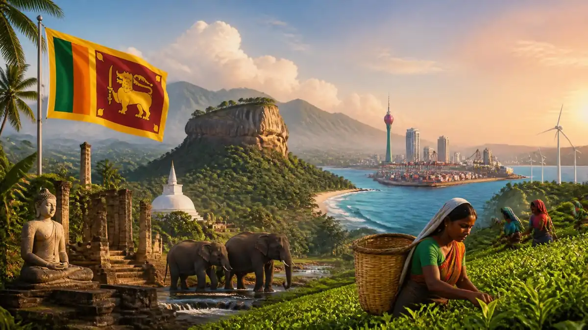 Paysage composite illustrant la culture et la nature luxuriante de la région Asia Sri Lanka avec des éléphants et une récolte