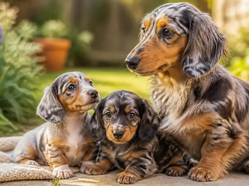 Un teckel arlequin adulte assis avec deux chiots au pelage similaire dans un jardin ensoleillé