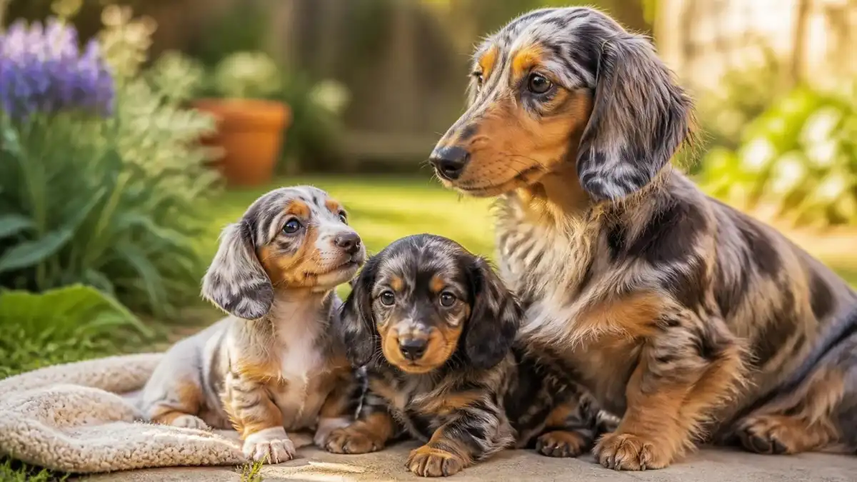 Un teckel arlequin adulte assis avec deux chiots au pelage similaire dans un jardin ensoleillé