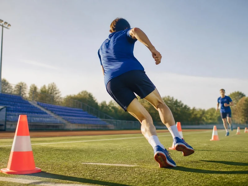 Athlète effectuant un demi-tour rapide lors d'un test de Luc Léger sur une piste d'athlétisme