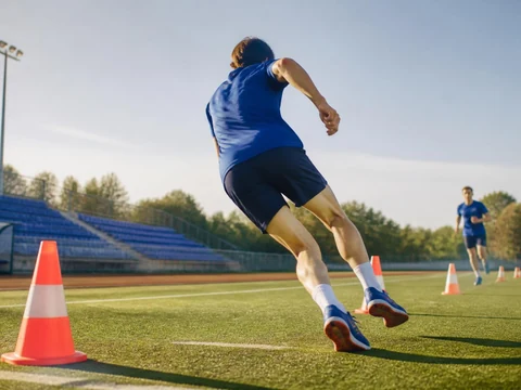 Athlète effectuant un demi-tour rapide lors d'un test de Luc Léger sur une piste d'athlétisme