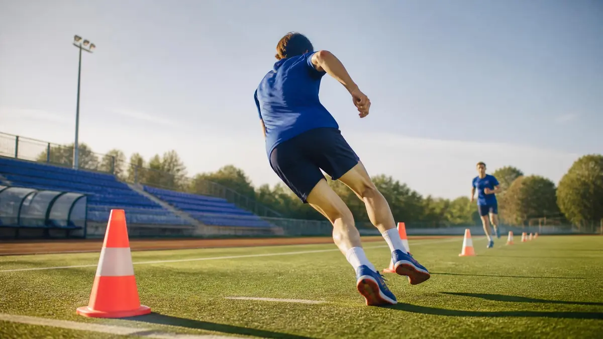 Athlète effectuant un demi-tour rapide lors d'un test de Luc Léger sur une piste d'athlétisme