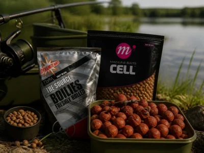 Sachets de billes d'amorçage et matériel de pêche au bord de l'eau pour illustrer notre top 10 bouillette