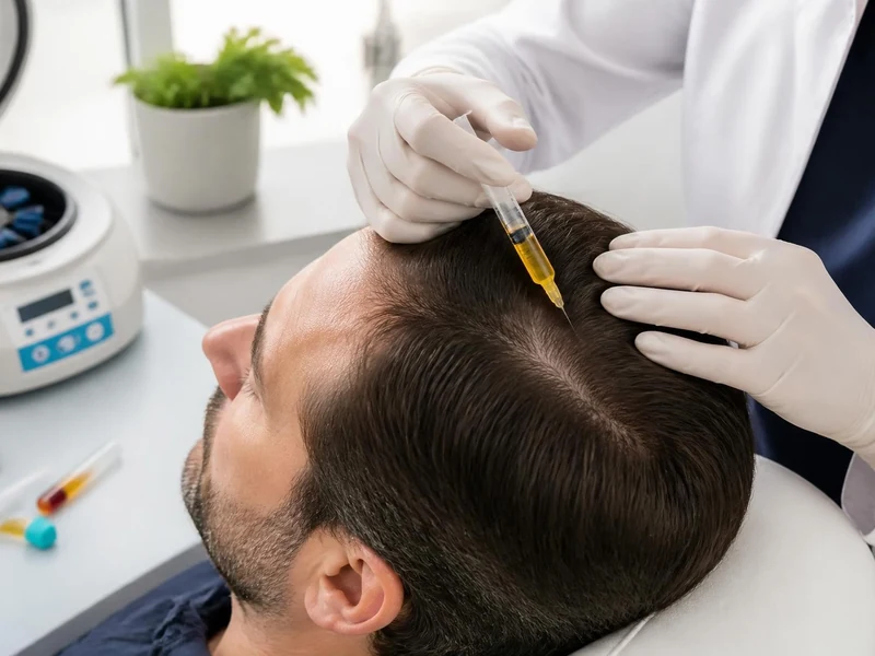 Un médecin effectuant des injections de prp cheveux sur le cuir chevelu d'un patient en cabinet médical