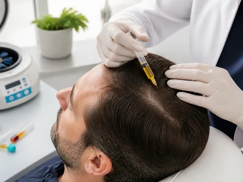 Un médecin effectuant des injections de prp cheveux sur le cuir chevelu d'un patient en cabinet médical