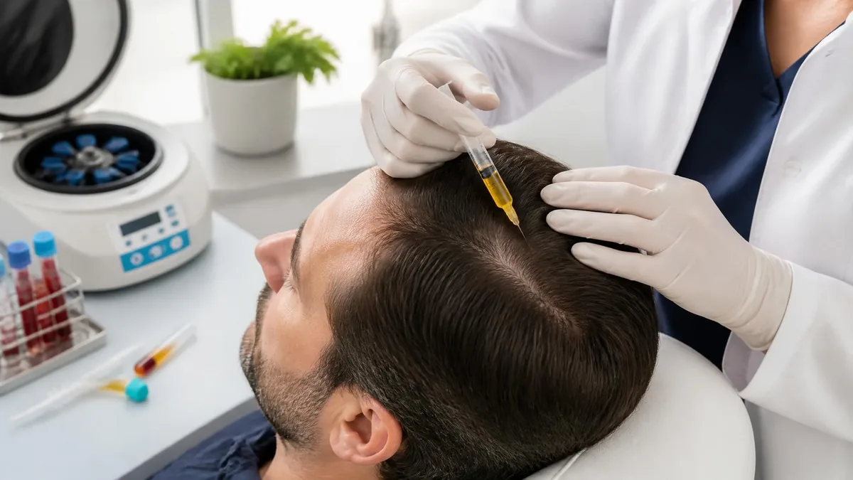 Un médecin effectuant des injections de prp cheveux sur le cuir chevelu d'un patient en cabinet médical