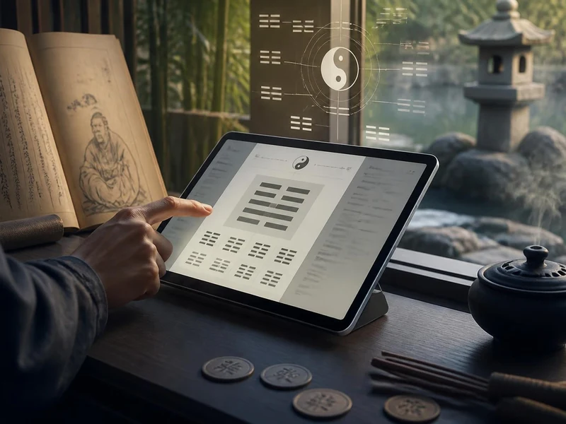 Une main consulte une tablette tactile pour réaliser un tirage de Yi King gratuit dans un cadre zen et traditionnel