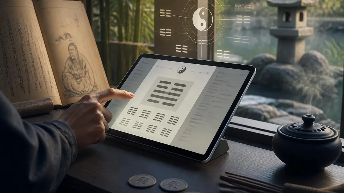 Une main consulte une tablette tactile pour réaliser un tirage de Yi King gratuit dans un cadre zen et traditionnel