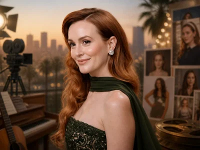 Portrait élégant de Leighton Meester souriant devant un décor de studio hollywoodien avec des photos en arrière-plan