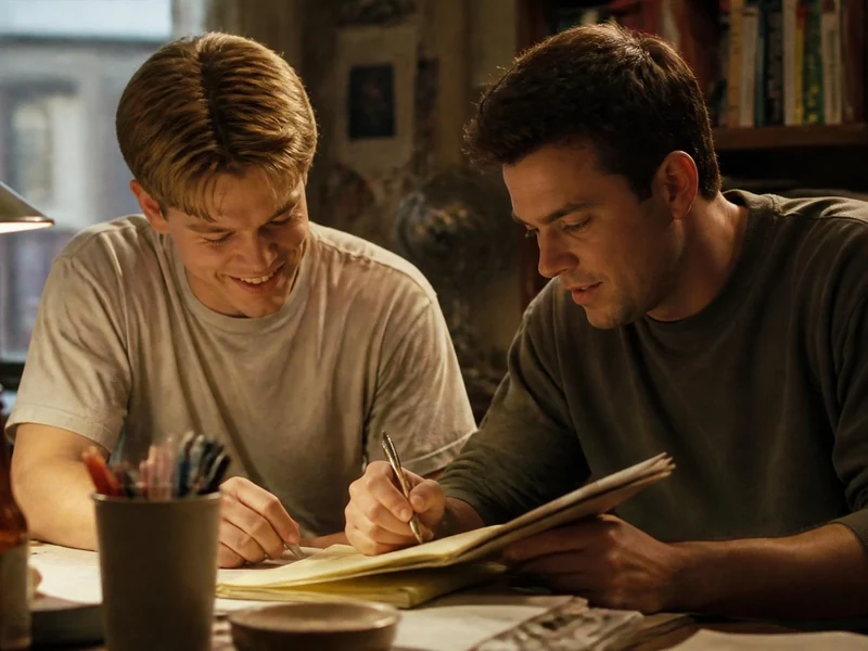 Matt Damon Good Will Hunting en pleine séance d'écriture avec un ami à un bureau éclairé